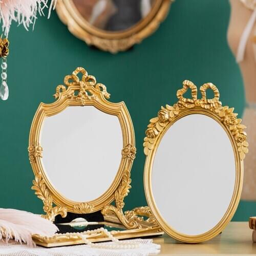 European Golden Mirror Home Decoration Accessories Retro Mirror Ornaments Bedroom Living Room Dressing Table Resin Makeup Mirror