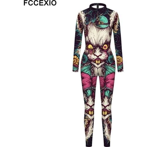 FCCEXIO Purim Carnival Cosplay Catsuit Fashion Animal Owl Frog Print Skeleton Women Bodysuit Costume Funny Sexy Jumpsuit Female