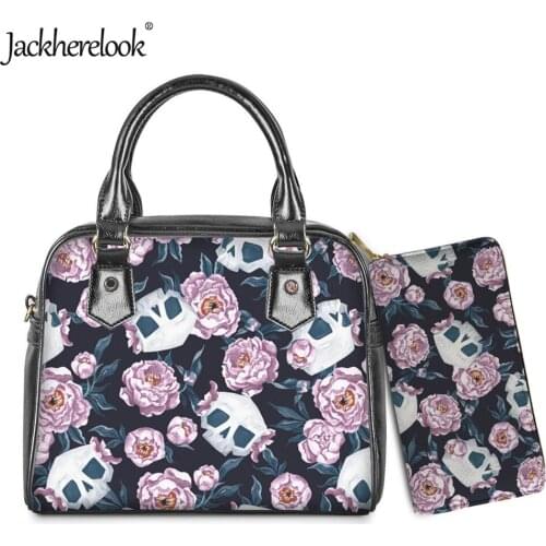 Jackherelook Skull & Rose Design Luxury PU Handbag Clutch Wallet 2pcs/Set for Women Female Messenger Bag & Purse Bolsos Mujer