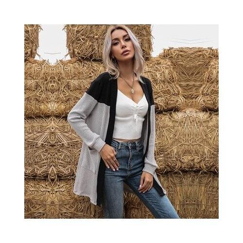 Spring And Autumn New Womens Color Contrast Stitching Cardigan V-neck Fashion Loose Long Sleeve Coat Lady Sweater