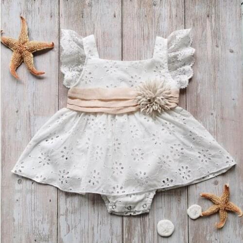Summer Baby Girl White Fresh Solid Color Romper Fashion Flower Skirt Hem Lace Sleeveless Triangle Jumpsuits Bodysuits