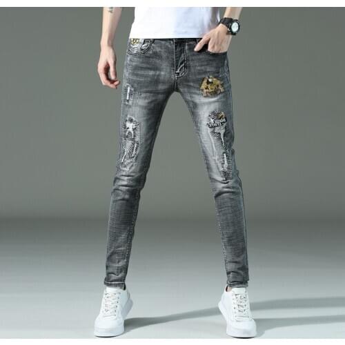 Autumn winter 2021embroidered jeans mens print black casual pants youth Korean slim street teenagers pencil pants for men