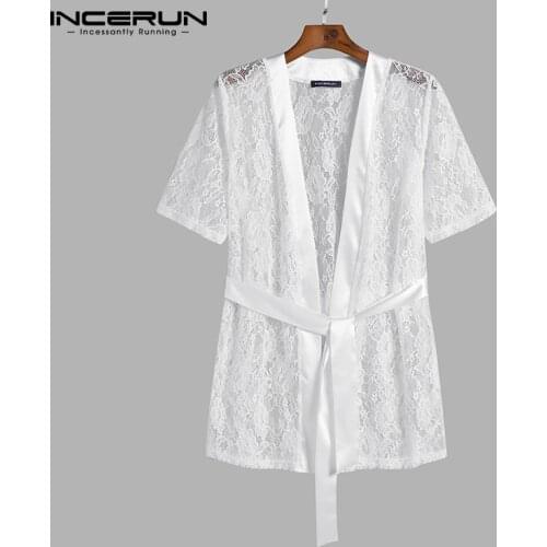 Men Mesh Robes See Through Homewear Short Sleeve Lace Sexy Bathrobes With Belt 2021 Cozy Leisure Mens Nightgown S-5XL INCERUN