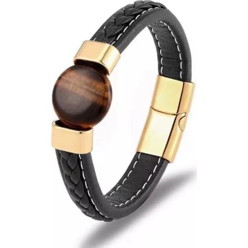 2021 fashion mens jewelry natural stone leather bracelet gold stainless steel magnetic buckle tiger eye mens Bracelet