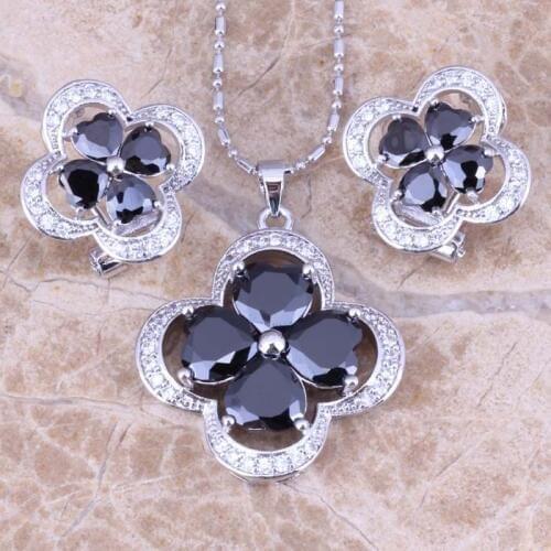 Elegant Black Cubic Zirconia White CZ Silver Plated Earrings Pendant Necklace Jewelry Sets S0780