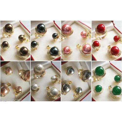NEW 10mm&14mm Color South sea Shell multicolor Pearl Earring Ring Necklace Pendant A Set