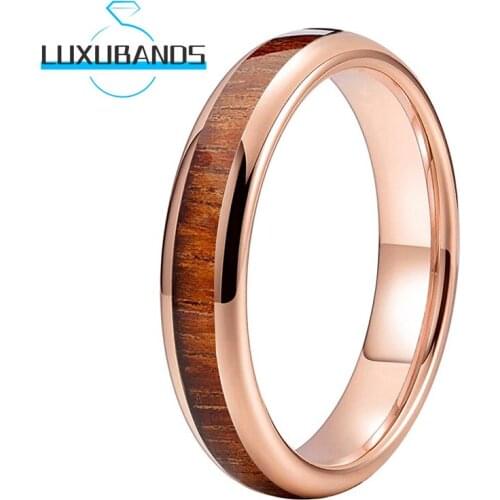 4MM Rose Gold Wedding Rings For Womens Koa Wood Inlay Tungsten Engagement Bands Polished Finished Comfort Fit