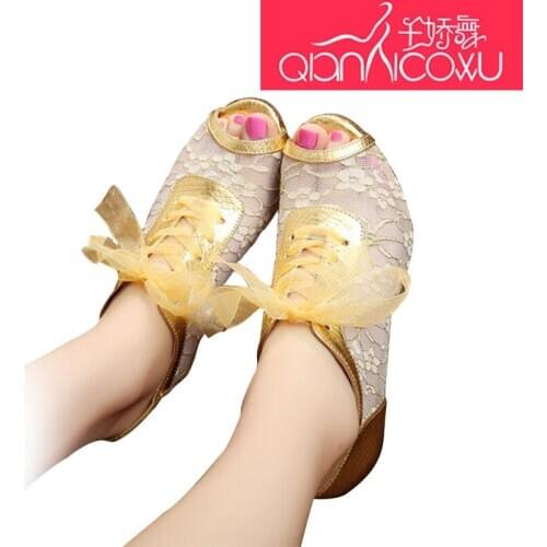 Tie Breathable Mesh Latin Dance Shoes Female Adult Summer High-Heeled Social Friendship Square Dance Sandals Soft Bottom 7051