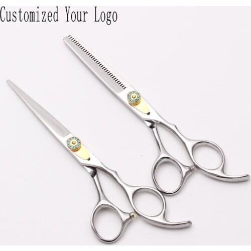 6 inch 17.5cm Stainless Customize Logo Barber Makas Cutting Shears Thinning Scissors Antler Up Teeth Professional Hair Scissors
