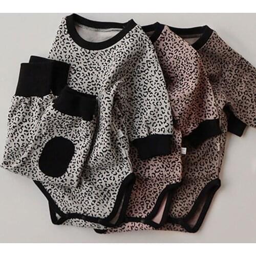 Spring Autumn Toddler Baby Girl Boys Pajamas Suit Leopard Print Romper+Pants Infant Baby Girl Boys Cotton Clothes Set