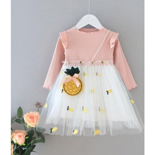 Spring And Autumn Girl Crew Neck Long Sleeve Knee Length Cotton Tulle Fruit Pattern Korean Version 2021 Lovely Princess Dress
