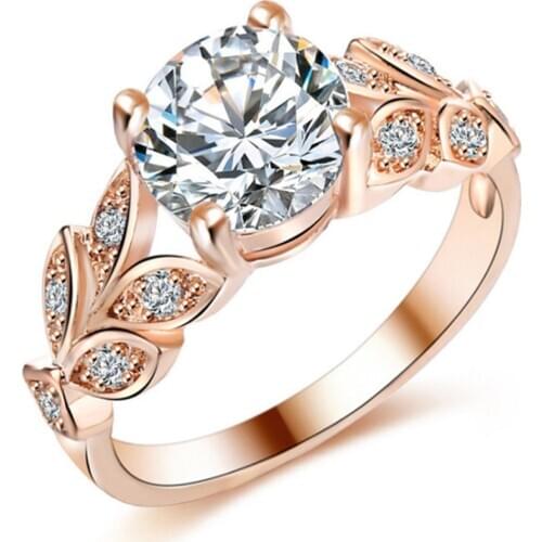 Popular Rose Gold Color Alloy Leaf Cubic Zirconia Finger Ring Attractive Design Jewelry
