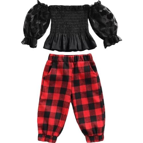 2 Pcs Infant Casual Outfits Baby Girls Off-shoulder Smocked Dot Pattern Puff Sleeve Mesh Pullover + Plaid Pants with Pocket