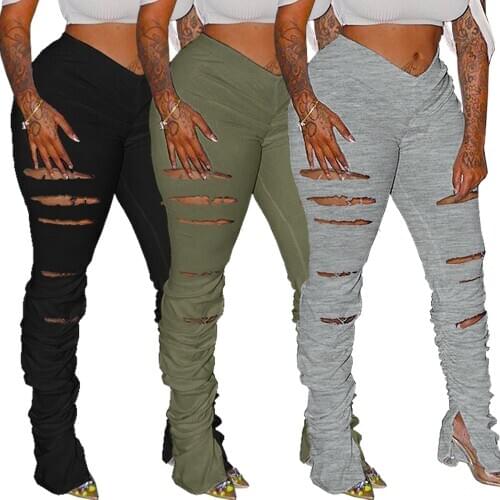 Distressed Women Flare Pants Joggers High Waist Pleated Trousers Stacked Sweatpants New Fitness Ruched Pants Hole Sport Leggings
