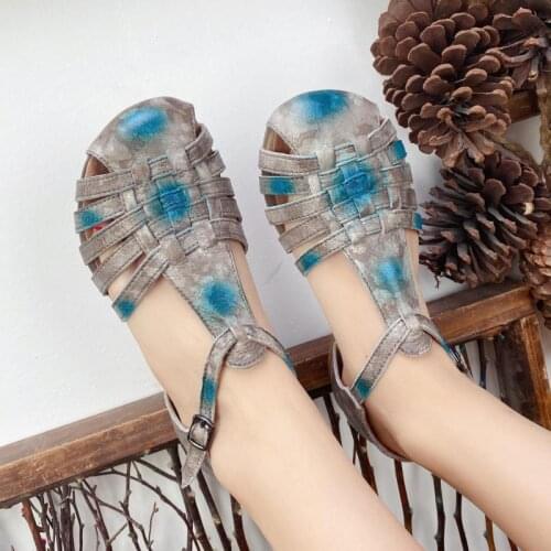 Women Sandals Genuine Leather Summer Shoes Buckle Strap Mixed Colors Retro Flat with Hollow Handmade Platform Sandalias De Mujer