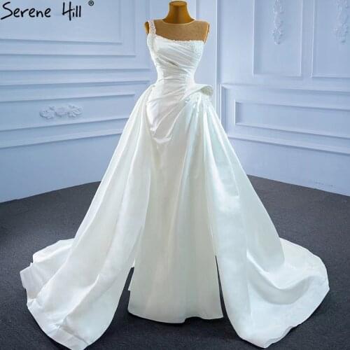 Serene Hill White Satin High Split Wedding Dresses 2021 Beading Pearls Sexy With Train Bridal Dress HM67252 Custom Made