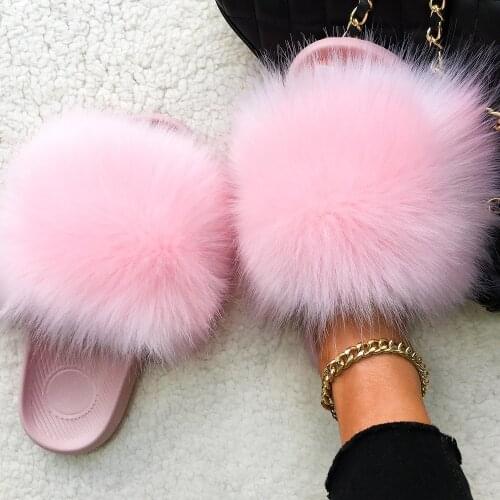 Furry Fur Slippers Fluffy Flip Flops Faux Fox Sandals Plush Raccoon Fur Slides Casual House Slippers Women Beach Flat Shoes 2021
