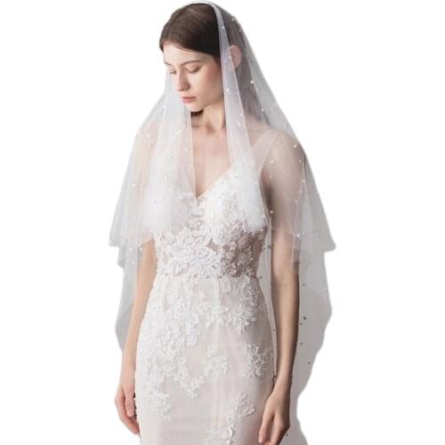 X7YC Wedding Bridal Veil with Comb Sheer Tulle Veils with Pearls Hair Accessories for Bride 2 Tier Fingertip Length Cut Edge