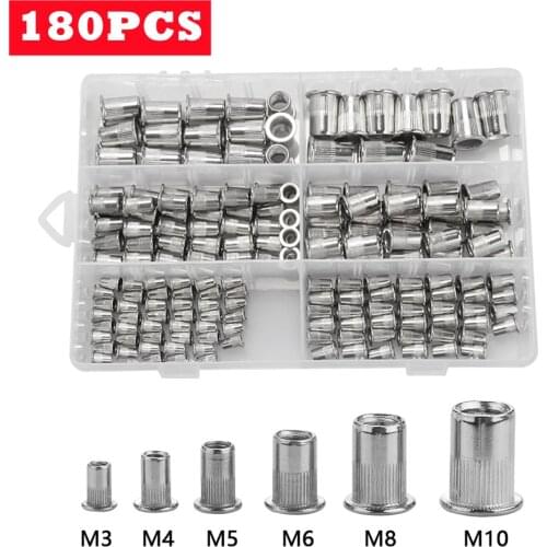 180Pcs M3 M4 M5 M6 M8 M10 Stainless Steel Rivet Nuts Flat Head Threaded Rivet Insert Nutsert Cap Rivet Nut Set