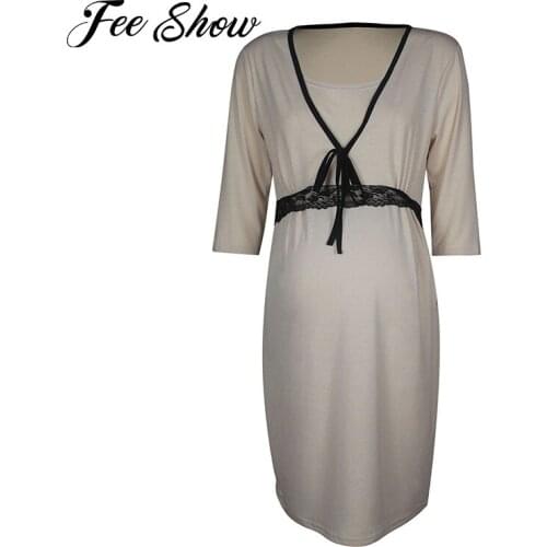 Womens Maternity Pajamas Fashion Nursing Sleepwear with Lace Trim Soft V-Neck Breastfeeding Nightwear for Pregnant Ladies