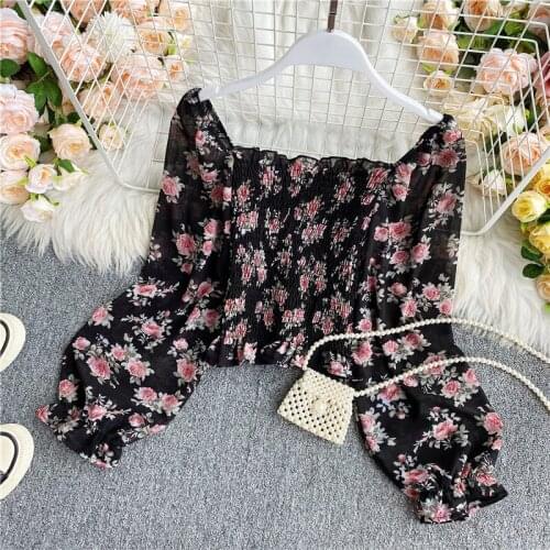 Vintage Off Shoulder Long Puff Sleeve Tops Chiffon Floral Blouses Pleated Floral Printed Crop Women Tee Shirts Kawaii Clothes