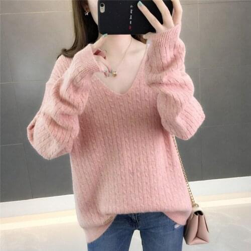 2021 Autumn Korean Fashion V Collar Long Sleeve Knitted Sweater Women 5 Color Loose Short Knitwear Pullover Female Jumper Ladies