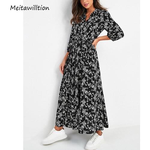 Women Floral Print Maxi Dress Casual Long Sleeve Boho Dress 2020 Vintage Turn Down Collar Shirt Dresses