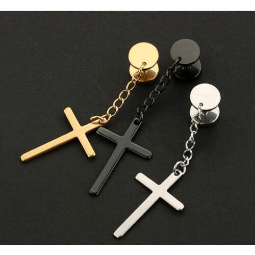 1Pair Fashion Religious Cross Dangle Earrings Ear Plugs Titanium Steel Silver Black Gold Long Earrings Men Women Free Shipping
