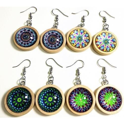 24pairs/lot Wood Tray Cabochon with Mandala Bandanna Buddhism, Zen jewelry 20mm Glass Cabochon Drop Earrings ear pendants