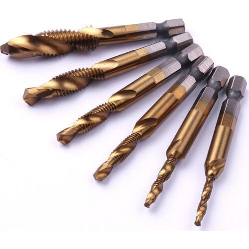 6Pcs/Lot M3 M4 M5 M6 M8 M10 1/4'' Hex Shank HSS Titanium Screw Thread Metric Plug Tap Straight Flute Drill Bits Right Hand Taps