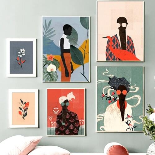 Abstract Fashion Vintage Girl Flower Leaf Wall Art Canvas Painting Nordic Posters And Prints Wall Pictures For Living Room Decor