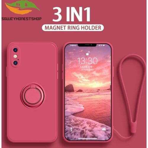 Luxury Liquid Silicone Square Case For iPhone 11 Pro Max X XR XS Max 7 8 6 6s Plus SE 2020 Magnet Ring Stand Strap Case Cover