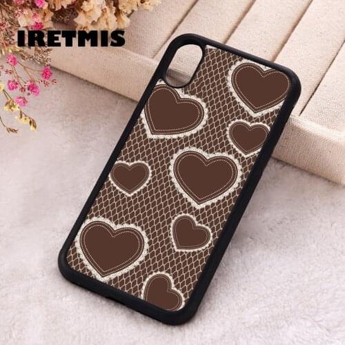 Iretmis 5 5S SE Phone Cover Case for iPhone 6 6S 7 8 Plus X Xs XR 11 12 Mini Pro Max Rubber Silicone Heart Lace Brown & White