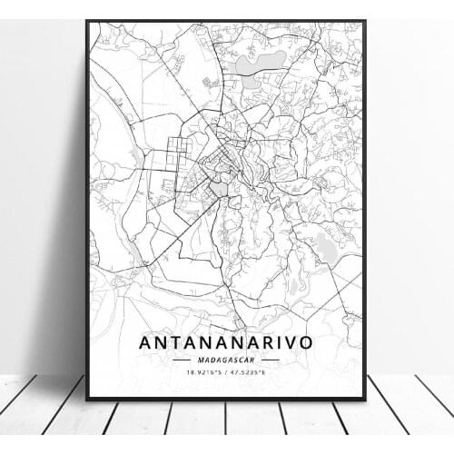 Black and White Antananarivo Madagascar Latitude Longitude Canvas Art Map Poster