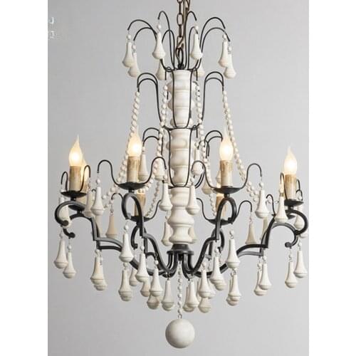 French Style Personalized Wooden Bead Bar Chandelier American Country Retro Iron Art European Style Candle Stair Restaurant Lamp