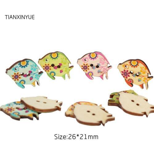 TIANXINYUE Cartoon Fish Button 26*21mm Wood Sewing Button Scrapbooking DIY Clothing Accessories Wholesale