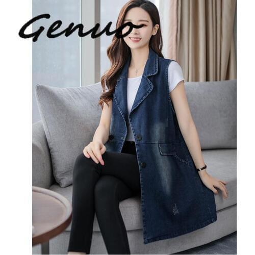 Genuo Spring Denim Jackets Vest Woman Autumn Plus Size Long Waistcoat Denim Female Korean Denim Jacket Sleeveless Vest