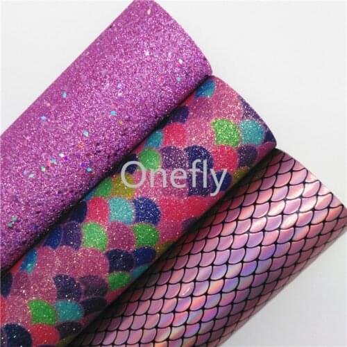 Onefly 21X29CM Purple Glitter Fabric, Iridescent Mermaid Faux Leather Fabric Sheets For Bow DIY handbags shoes BQ021