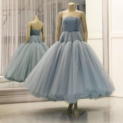 Blue Ball Gown Prom Dresses Draped Tulle Short Party Gowns Ankle Length Formal Evening Gowns Vestidos De Festa