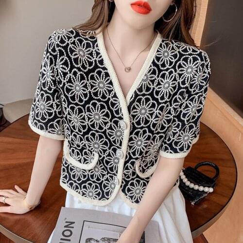 Cardigan short-sleeved jacket 2021 summer new French embroidery crochet blouse short jacket women tops women 2020