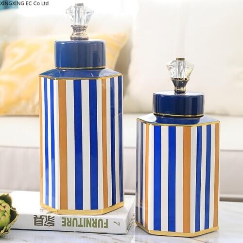 Geometric Stripes Ceramic Vase Ornaments Storage Jar with Lid Home Decoration Crafts Living Room Flower Arrangement Accessories