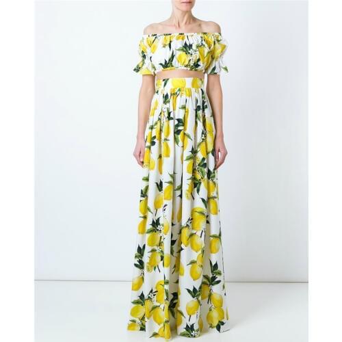 High-end Custom-made Womens Two-piece Sets Female Lemon Printed Slash-Neck Short Crop Top + A-Line X-Long Pleated Skirt Sets