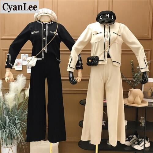 Cyanlee Women Knitted Jackets Tops Wide Leg Pants Sets Long Sleeve Autumn Winter Sweater Coats Trousers Tracksuits Outfits