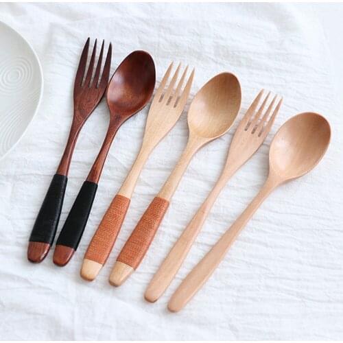 Natural Wooden Spoon & Fork Dinner Kit Rice Soups Utensil Cereal Handmade Home Tableware Dinnerware Cutlery For Kicthen