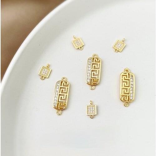 Copper-plated 18K gold retro Chinese national inlaid zircon square connection DIY earrings necklace material 2pcs