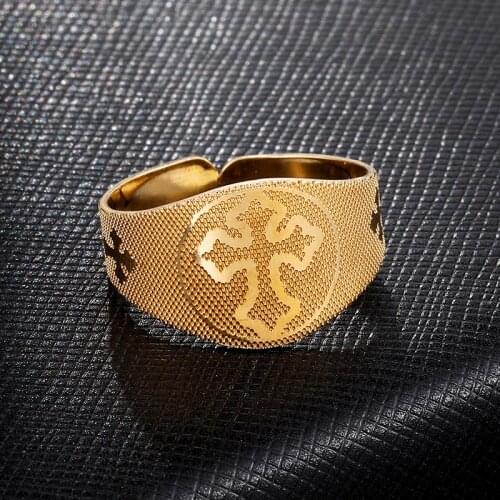 New Fashion Stainless Steel Gold Color Cross Rings For Men Women Religious Christ Finger Ring Adjustable Jewelry Accessories