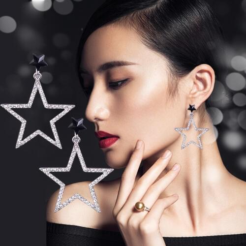 New Design Statement Jewelry Rhinestone Crystal Hollow Star Earrings Silver Color Clip on Earring Non Pierced Ear Cuff For Women