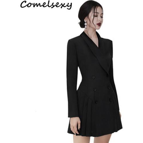 Office Lady Autumn Vintage Suit Collar Black Blazer Dress Womens Double-breasted Long Sleeve Elegant Party Work Pleated Dresses