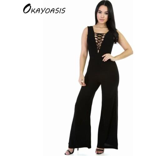 OKAYOASIS Free Shipping Wide Leg Bodycon Jumpsuit Deep-V Summer Full Bodysuit Bodies Woman Sexy Club Party Black Rompers