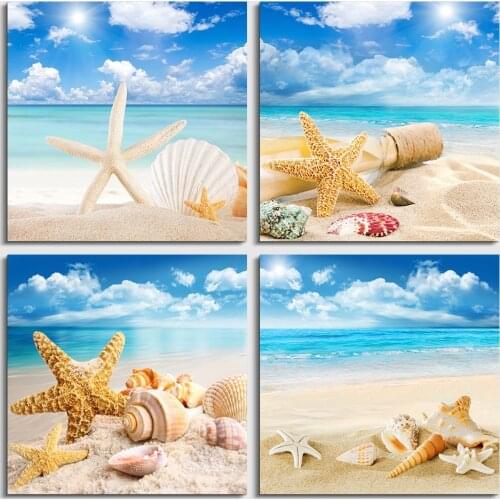 Home Decor Poster Wall Art Canvas Prints Painting 4 Pieces Sea Beach Shell Starfish Pictures For Living Room Modular Framework